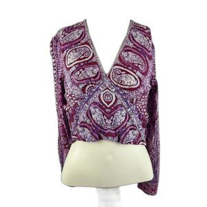 Free People Womens Red Wild Patterned Paisley Print V-Neck Crop Blouse Top XS